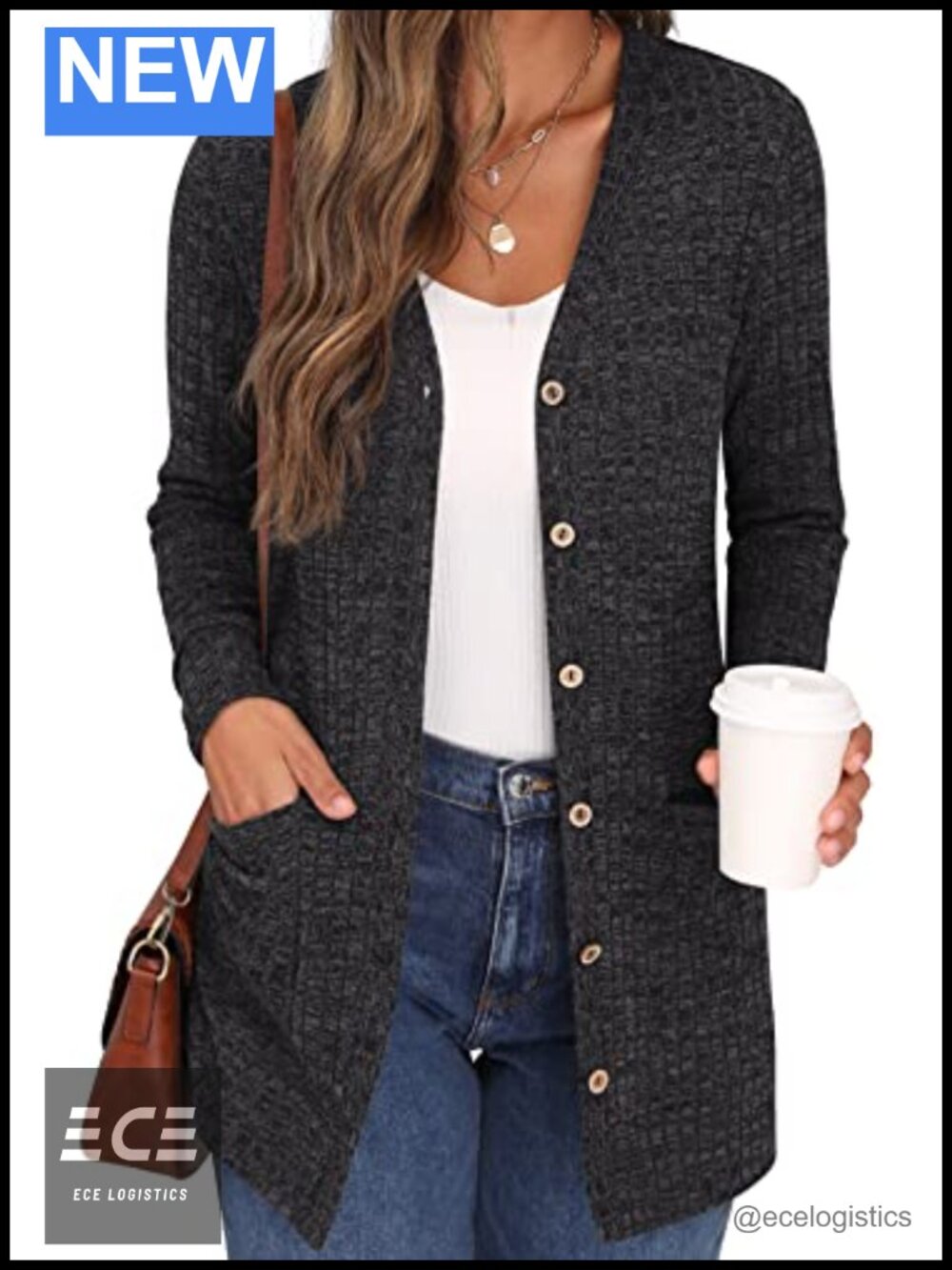 Women's Long Sleeve Open Front Ribbed Knit Cardigan with Pockets